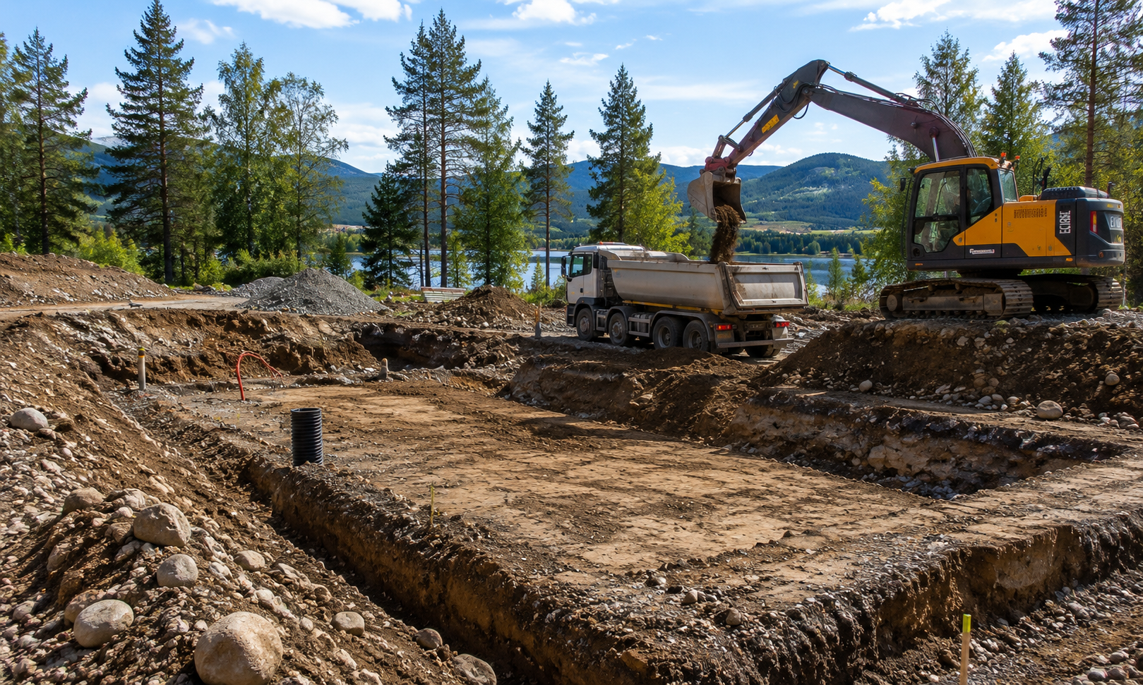 Husgrund under konstruktion i Åre av Erik Rask AB med grävmaskin