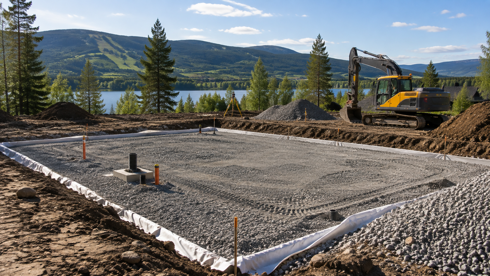 Grävmaskin vid husgrund i Åre med bergsutsikt