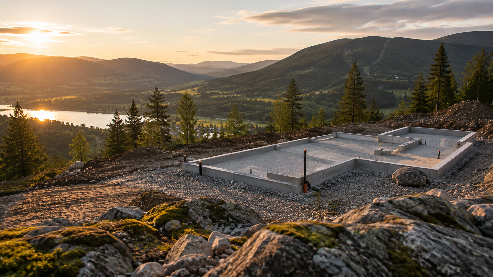 Husgrunder i Åre vid solnedgång, anlagd av Erik Rask AB.